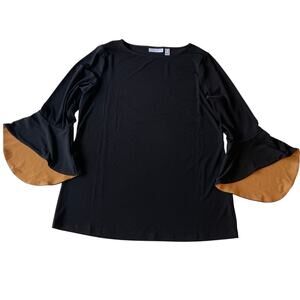 Susan Graver Liquid Knit Blouse Sz S Bell Sleeve Chic Elegant Black Tan Career